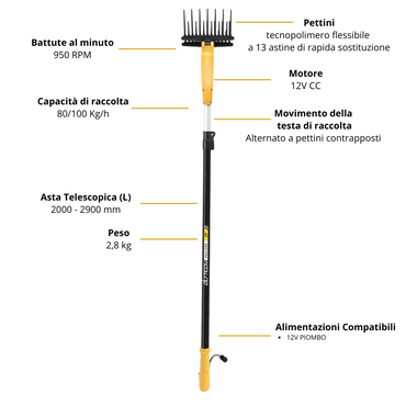 Volpi Olytech Dualcomb 13 - Abbacchiatore elettrico a batteria con asta telescopica