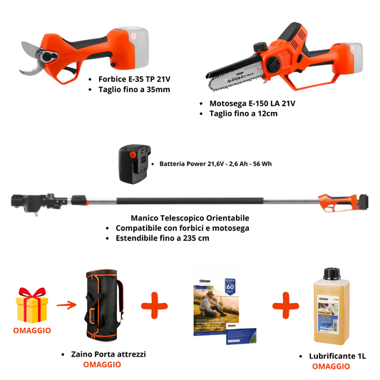 Kit Potatura Completo Stocker Magma System 21V – Forbice Elettrica + Motosega + Manico Telescopico + Batteria  (Zaino e Lubrificante in Omaggio)